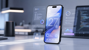 Illustration d’un iPhone affichant une interface abstraite pour iOS 27 bêta